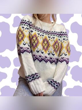Talbots White Fair Isle Crewneck Sweater with Yellow & Purple Accents